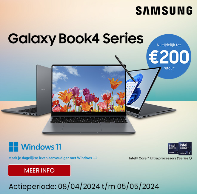 Promobanner - Samsung Galaxy Book4 tot €200,- cashback