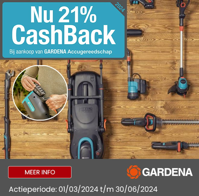 Promobanner - Gardena actie: 21% cashback op accugereedschap