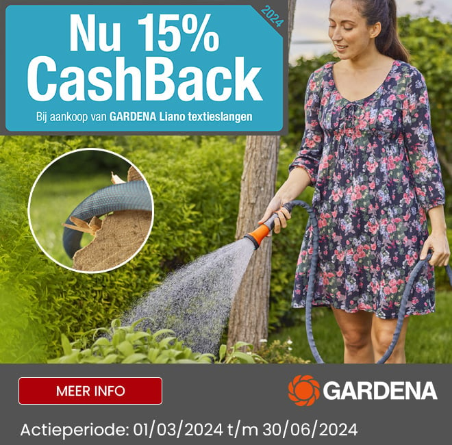 Promobanner - Gardena actie: 15 % cashback op Liano tuinslangen