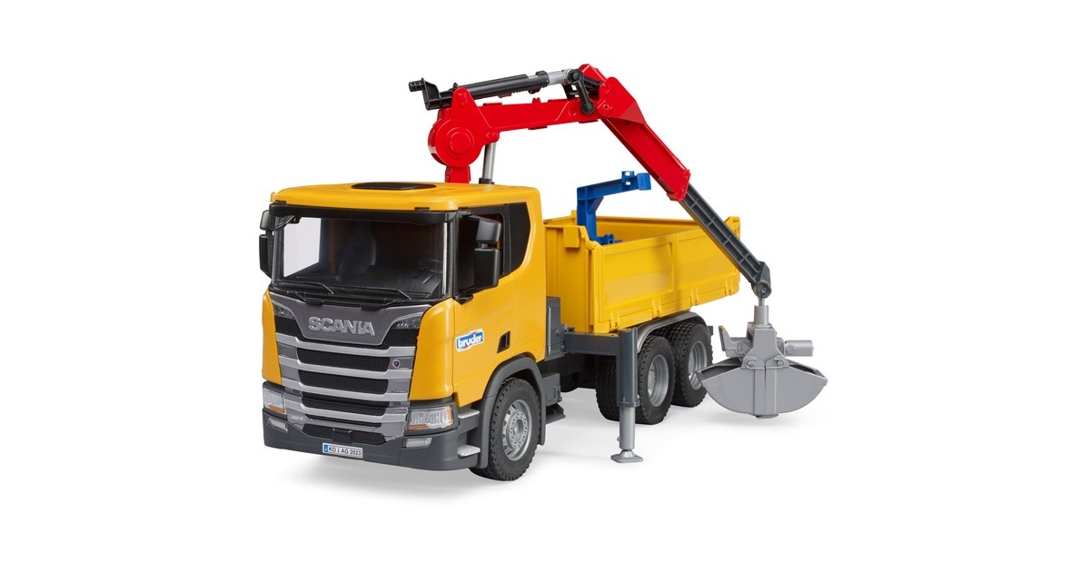Bruder – Camion Chantier Scania Super 560R – Échelle 1:16 – Avec Grue, Grappin, 2 Palettes – Portes Ouvrables – Dès 4 Ans