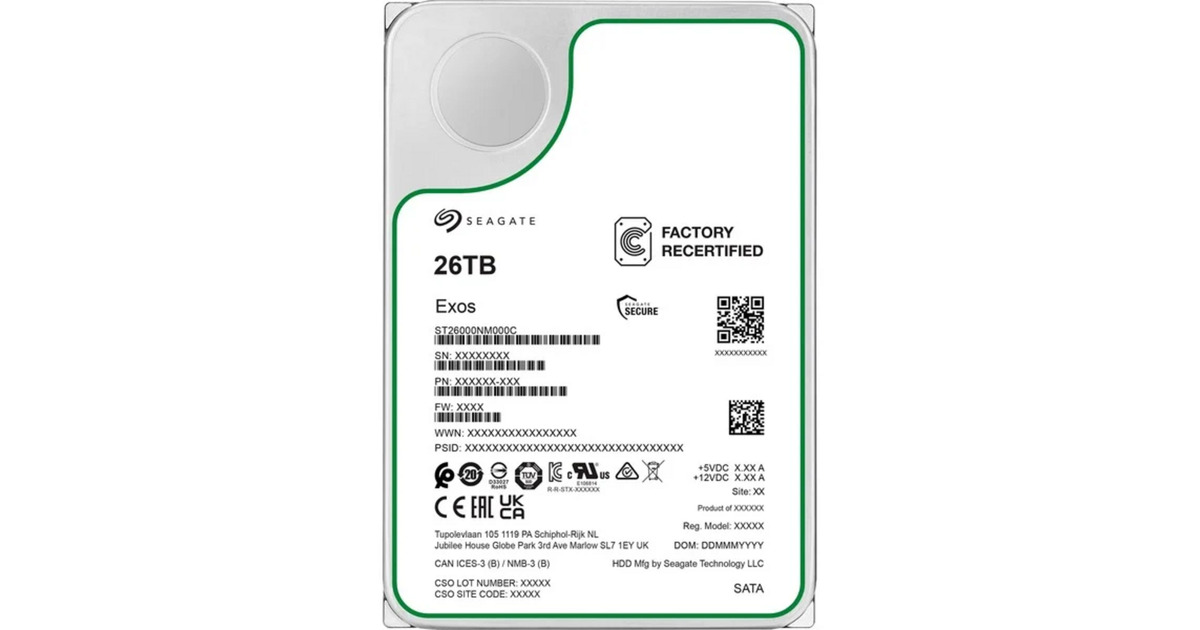 Seagate Exos 26 TB Refurbished harde schijf SATA 6 Gb/s, 3,5