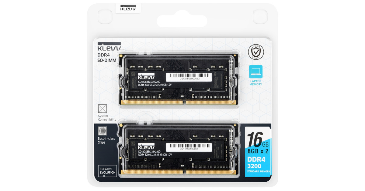 Klevv 16 GB DDR4-3200 (2x 8 GB) laptopgeheugen Zwart, KD48GS880