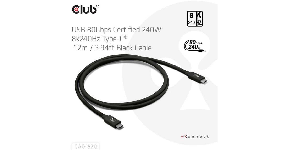 Club 3D USB-C 80Gbps Certified 240W 8k 240Hz kabel Zwart, 1.2m