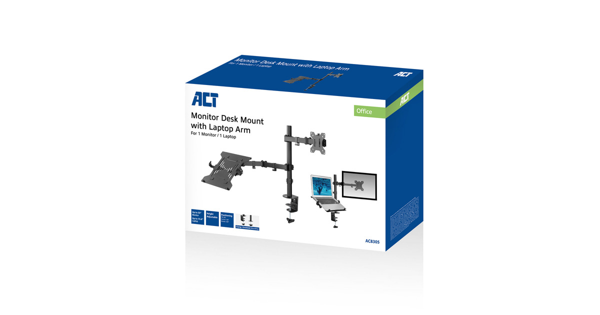 ACT Connectivity Monitorarm met laptophouder, 1 scherm bevestiging Zwart