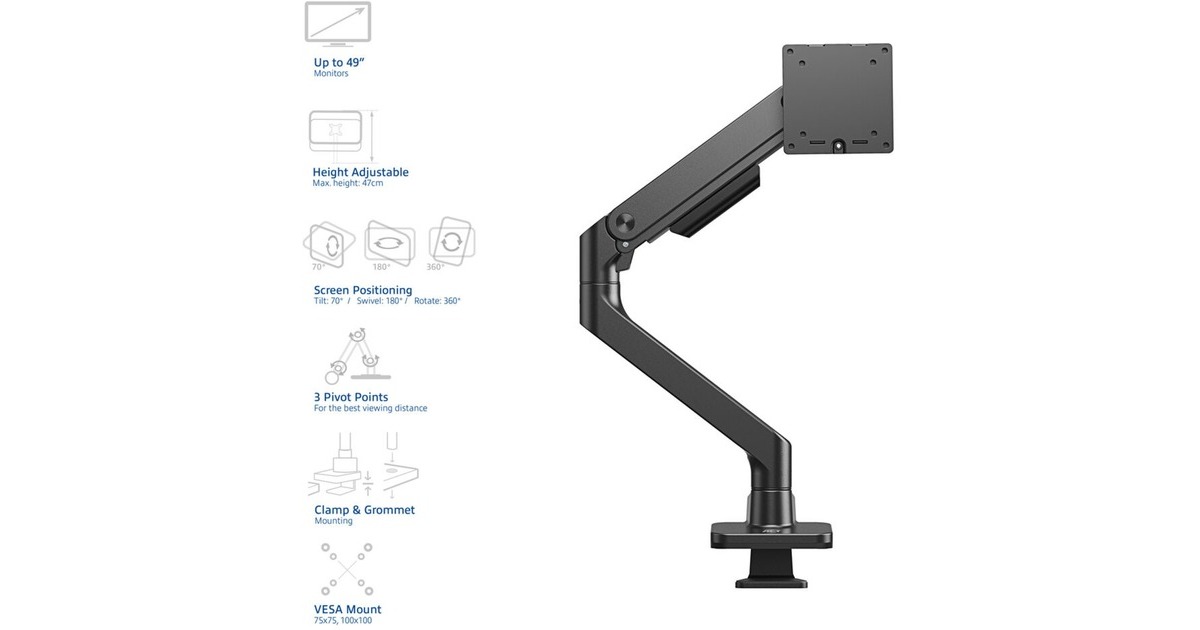 ACT Connectivity Monitorarm office premium, gasveer, 1 monitor Zwart