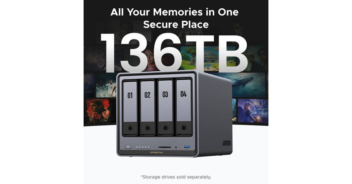 UGREEN NASync DXP4800 Plus, 4-bay desktop NAS, Intel Pentium Gold 8505 5-core CPU, 8 GB DDR5 RAM, 128 GB SSD, 1 * 10 GbE, 1 * 2,5 GbE, 2 * M.2 NVMe-aansluitingen, 4K HDMI (schijfloos UGREEN NASync DXP4800 Plus, 4-bay desktop NAS, Intel Pentium Gold 8505 5-core CPU, 8 GB DDR5 RAM, 128 GB SSD, 1 * 10 GbE, 1 * 2,5 GbE, 2 * M.2 NVMe-aansluitingen, 4K HDMI (schijfloos