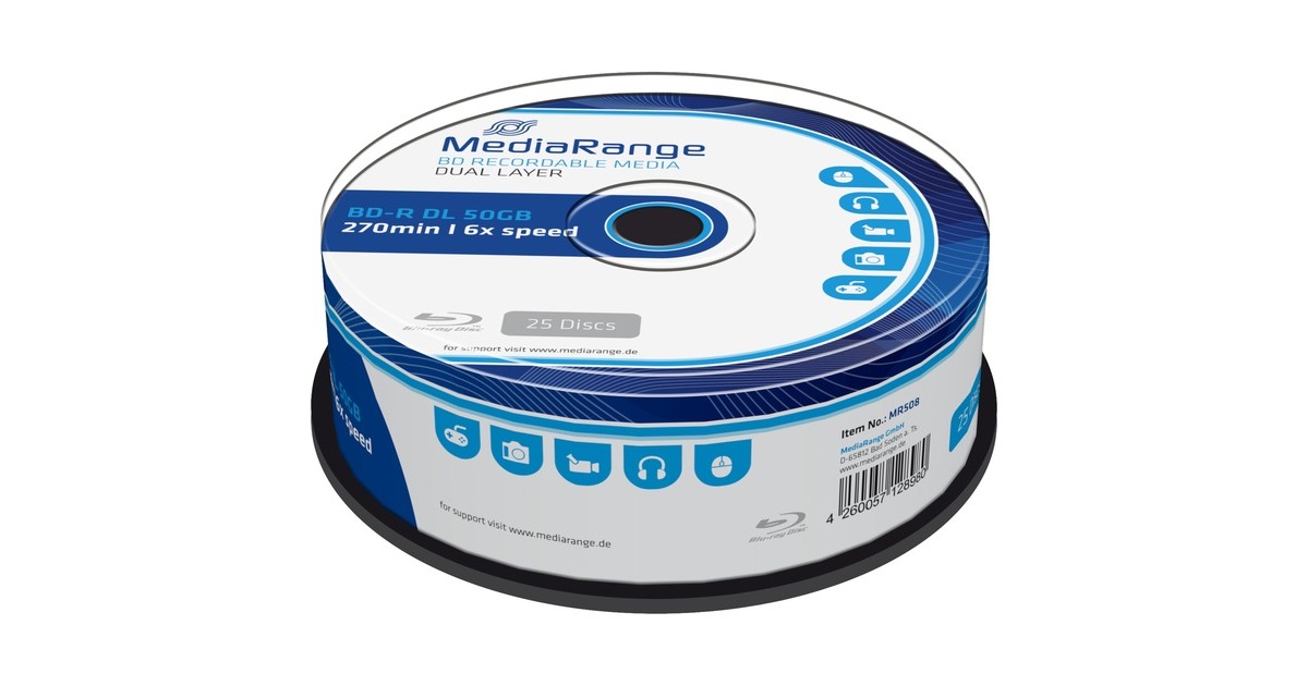 MediaRange BDR Dual Layer 50 GB, Cake 25 bluray media 6x speed