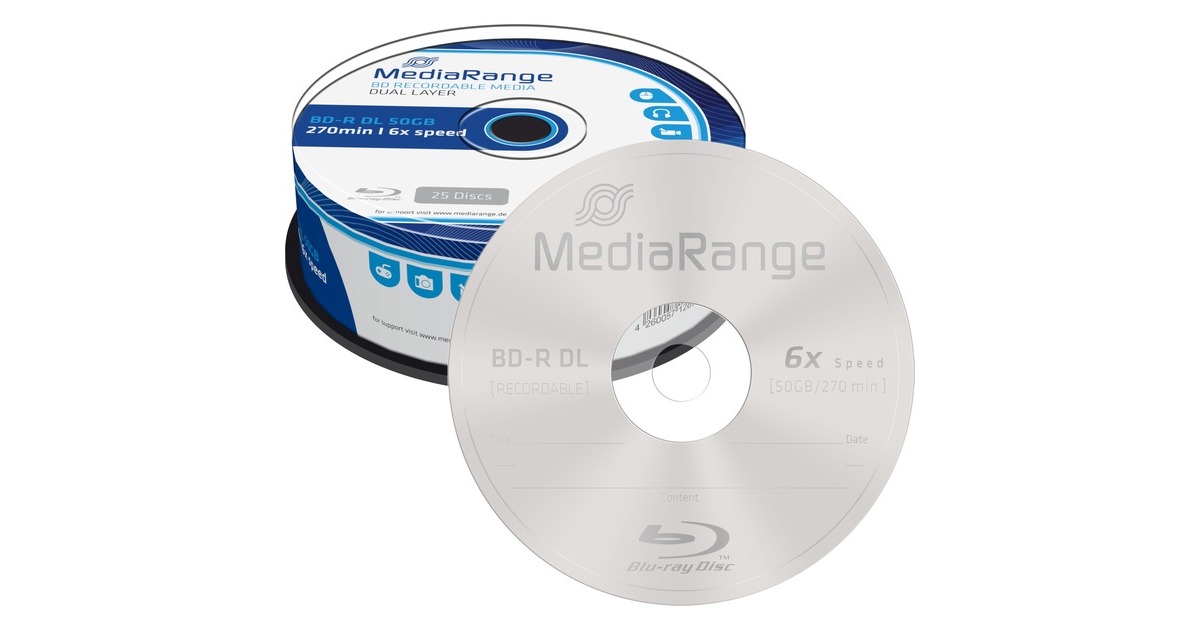 MediaRange BDR Dual Layer 50 GB, Cake 25 bluray media 6x speed
