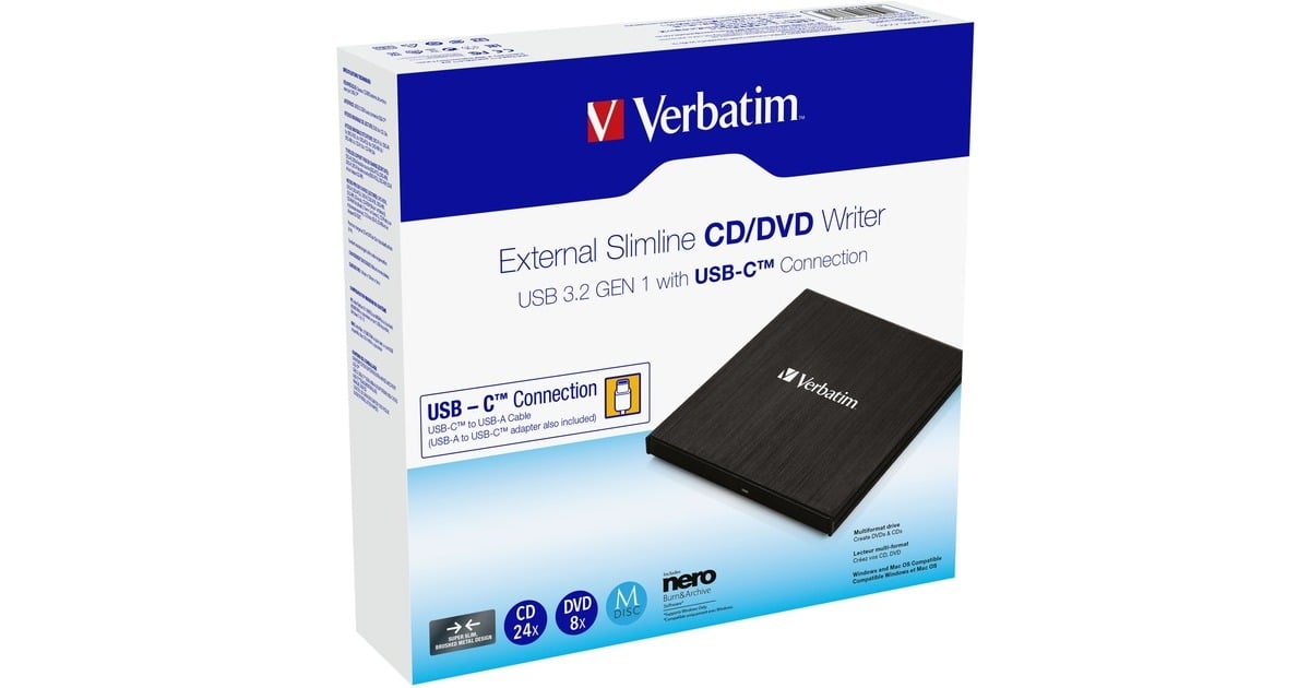 Verbatim Externe slimline CD-DVD brander externe dvd-brander USB-C