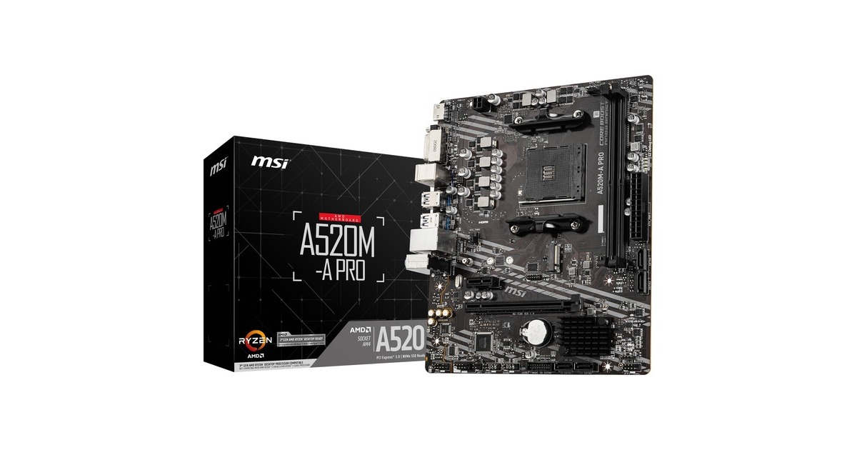 MSI A520M-A PRO socket AM4 moederbord Zwart/grijs, RAID, Gb-LAN