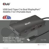 Club 3D USB-C 3.2 Gen2 naar Dual DisplayPort 4k60Hz 7-in-1 Portable Dock dockingstation Zwart