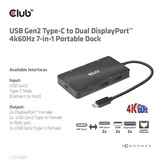 Club 3D USB-C 3.2 Gen2 naar Dual DisplayPort 4k60Hz 7-in-1 Portable Dock dockingstation Zwart