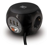 ACT Connectivity Stekkerdoos cube met 3 stopcontacten Zwart, USB-A, 1,5m