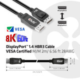 Club 3D Displayport 1.4 VESA gecertificeerde kabel male-male Zwart, 2 meter, 8K 60Hz, 32.4Gbps