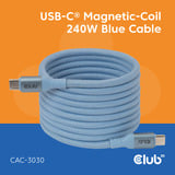 Club 3D USB-C Magnetic-Coil 240W PD3.1 Blue Cable, 2 meter kabel Blauw
