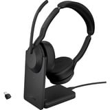 Jabra Evolve2 55 - Link390c MS stereo met oplaadhouder on-ear headset Zwart, Stereo, Microsoft Teams, USB-C, Link380c