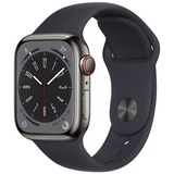 Apple Watch Series 8 smartwatch Zwart, 41 mm, Middernacht sportbandje, Roestvrij staal, GPS + Cellular
