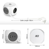 ACT Connectivity Stekkerdoos kubus met 3 stopcontacten, 30W Power Delivery USB-C/A poorten, kabellengte 1,5m Wit, Type E