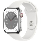 Apple Watch Series 8 smartwatch Zilver, 45 mm, Wit sportbandje, Roestvrij staal, GPS + Cellular