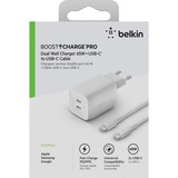 Belkin BoostCharge Pro 2-poorts USB-C GaN-wandlader met PPS (65 W) + USB-C/USB-C-kabel Wit