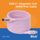 Club 3D USB-C Magnetic-Coil 240W PD3.1 Pink Cable, 2 meter kabel Roze