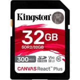 Kingston Canvas React Plus 32 GB SDHC geheugenkaart Zwart, Incl. adapter, UHS-II U3, Class 10, V90