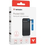 Verbatim Pocket 1 TB externe SSD Zwart/blauw, USB-C 3.2 Gen 2 (10 Gbit/s), Incl. met sleutelhanger en kabelbevestiging