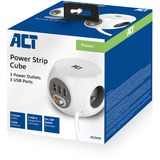 ACT Connectivity Stekkerdoos cube met 3 stopcontacten, USB-A-poorten, 1,5m (België) Wit