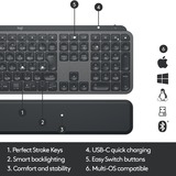 Logitech MX Keys Advanced Wireless Keyboard met wristrest, toetsenbord Zwart, US international ISO, Bluetooth