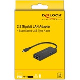 DeLOCK USB-C Adapter naar 2,5 Gigabit Lan met USB-A female Zwart