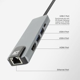 ACT Connectivity USB-C 4K docking station voor 1 HDMI monitor, ethernet, USB-A, PD pass-through Grijs