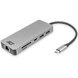 ACT Connectivity USB-C 4K docking station voor 1 HDMI monitor, ethernet, USB-C, USB-A, cardreader en PD pass-through aluminium