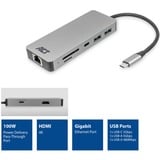 ACT Connectivity USB-C 4K docking station voor 1 HDMI monitor, ethernet, USB-C, USB-A, cardreader en PD pass-through Aluminium