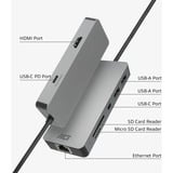 ACT Connectivity USB-C 4K docking station voor 1 HDMI monitor, ethernet, USB-C, USB-A, cardreader en PD pass-through aluminium