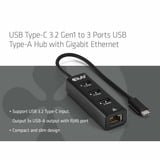 Club 3D USB-C 5 Gbps naar 3 poorten USB Type-A-hub met Gigabit Ethernet adapter Zwart