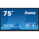 iiyama Prolite TE7512MIS-B1AG 74.5" 4K Ultra HD Public Display Zwart, 4K UHD, Touch, WiFi, VGA, HDMI, USB-C, LAN, Audio