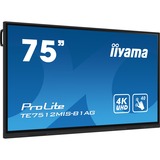 iiyama Prolite TE7512MIS-B1AG 74.5" 4K Ultra HD Public Display Zwart, 4K UHD, Touch, WiFi, VGA, HDMI, USB-C, LAN, Audio