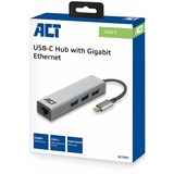 ACT Connectivity 3-Poorts USB-C 3.2 (USB 3.0) Hub met Gigabit ethernet poort usb-hub Grijs