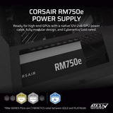 Corsair RM750e refurbished modulaire 750 watt voeding  Zwart, 1x 12V-2x6, 1x PCIe, 1x 12 Pin High Power GPU, 1x PCIe, Kabelmanagement