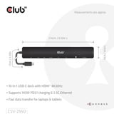 Club 3D 10-1 Portable Dock USB Type-C 10Gbps to HDMI 8K30Hz PD3.1 Max.140 Watt dockingstation Zwart, HDMI, USB-C, LAN