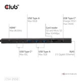 Club 3D 10-1 Portable Dock USB Type-C 10Gbps to HDMI 8K30Hz PD3.1 Max.140 Watt dockingstation Zwart, HDMI, USB-C, LAN