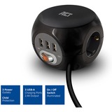 ACT Connectivity Stekkerdoos cube met 3 stopcontacten, USB-A-poorten, 1,5m Zwart