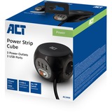 ACT Connectivity Stekkerdoos cube met 3 stopcontacten, USB-A-poorten, 1,5m Zwart