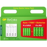 GP Batteries ReCyko Starterskit met Charger (USB) E411 4-slot oplader Wit, Incl. 4x AA 2100mAh en 4x AAA 800mAh NiMH Batterijen