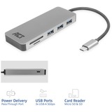 ACT Connectivity USB-C hub 3.0, 3x USB-A, cardreader, PD pass-through dockingstation Grijs