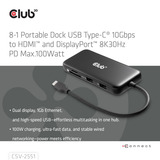 Club 3D 8-1 Portable Dock USB-C 10Gbps naar HDMI en DisplayPort dockingstation Zwart, 8K30Hz, PD Max.100 Watt