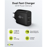 goobay 65W GaN USB-C PD Dual snellader Zwart, 1x USB-C, 1x USB-A
