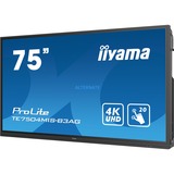 iiyama ProLite TE7504MIS-B3AG 75" 4K Ultra HD Public Display Zwart, 4K UHD, Touch, VGA, HDMI, LAN, WiFi, USB