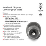 Club 3D Notebook / Laptop autolader 36 Watt Zwart, 1x USB-C, 2x USB-A