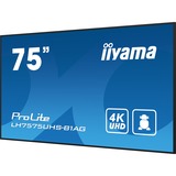 iiyama ProLite LH7575UHS-B1AG 75" 4K Ultra HD Public Display Zwart, HDMI, DisplayPort, LAN, WiFi, USB, Audio, Android